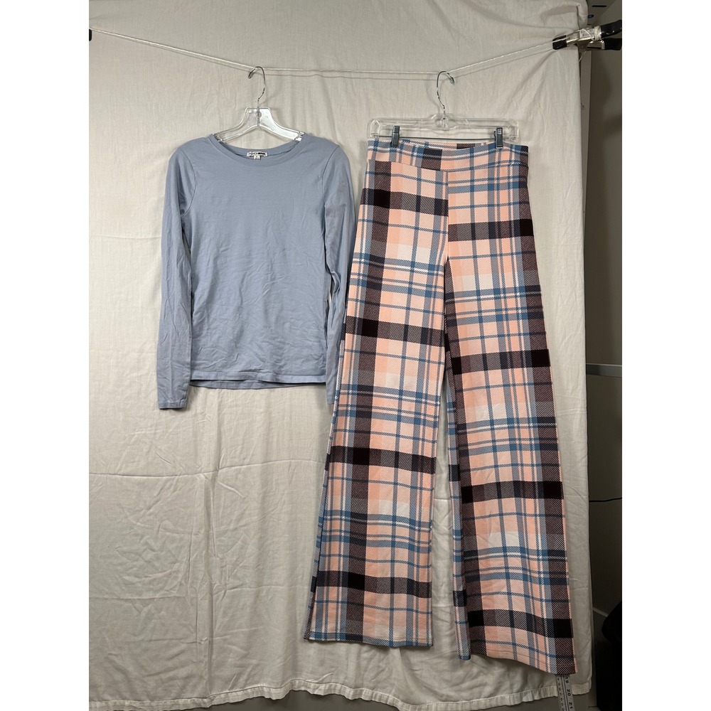 Fashion Nova Womens Blue Long Sleeve Top and Plaid Wide Leg Pants Set #2305